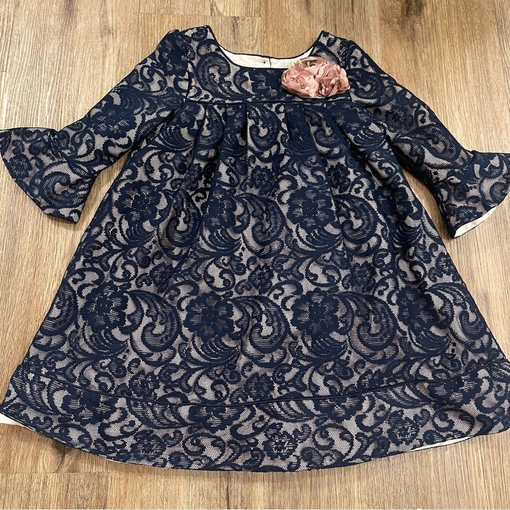 Laura Ashley Dress Girls Sz 6 Navy Blue Lace Floral Trumpet Sleeves Girly Formal